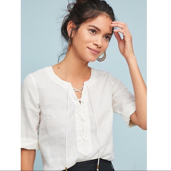 Maeve Tops - Maeve Anthropologie Marva 100% Linen Lace Up Top, Size 12